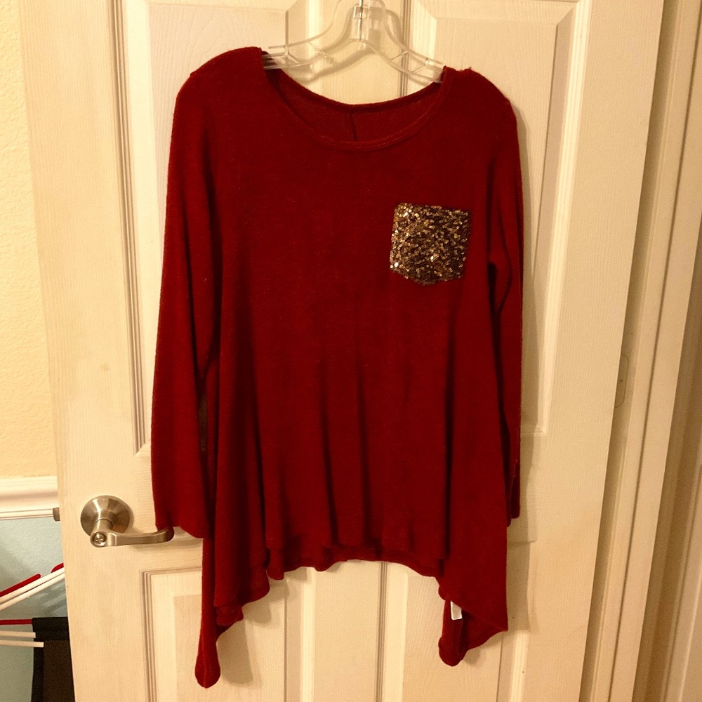 Burgundy sweater with gold sequin faux pocket